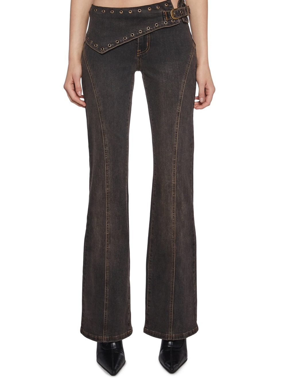Dark Wash Jeans with Studded Waist Panel Grommet Belt
